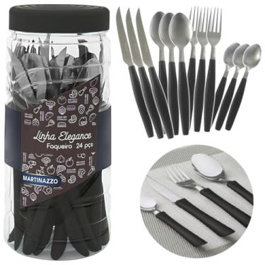 Imagem de Kit 24 Pçs Talheres Faca Inox Martinazzo Pote Linha Elegance Garfo Colher Sobremesa (Preto)