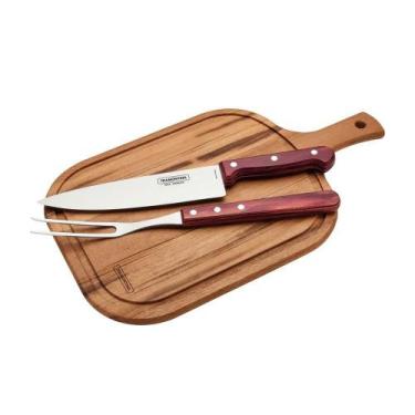 Imagem de Kit 3 Pç Faca, Garfo E Tábua Madeira 23x40 Churrasco Inox E Cabo De Ma