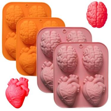 Imagem de Molde de silicone para coração e cérebro - 4 peças 3D realistas de Halloween molde de geleia de coração e cérebro para chocolate, geleia, pudim, moldes de gelatina