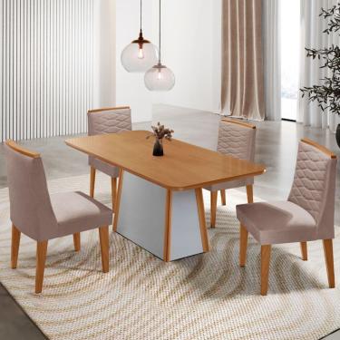 Imagem de Mesa De Jantar Diane 120cm Tampo Mdf Lam 4 Cadeiras Eloise Moderna Linho Capuccino Naturale Off White