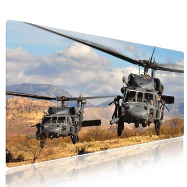 Imagem de Knseva. Mouse pad estendido XXL (80 cm x 40 cm) - UH-60 Black Hawk helicóptero militar caça avião, acessórios de escritório extragrande, tapete de mesa antiderrapante costurado premium