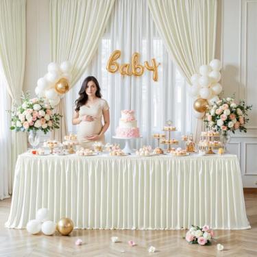Imagem de Wish Care Saia de mesa de cetim marfim de 2,7 m para mesas retangulares, saias de mesa com glitter, sem rugas, toalha de mesa plissada, para casamento, aniversário, chá de bebê, festa, banquete, bolo