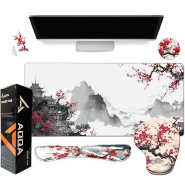 Imagem de AQQA Conjunto de tapete de mesa japonês, mouse pad grande para jogos com descanso de pulso, mouse pad ergonômico, suporte de pulso, suporte de telefone, porta-copos para copos, acessórios de mesa de