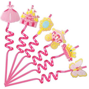 Imagem de delaimastor 18 peças de canudos de princesa, lembrancinhas de festa, reutilizáveis, 6 designs para filhas, tema de princesa, artigos de festa de aniversário, rosa
