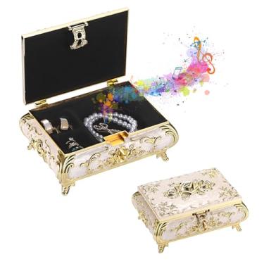 Imagem de ELLDOO Caixa de música vintage, caixa de joias musical de metal bege caixa de lembrança, pequena caixa de armazenamento de joias de presente para meninas e mulheres (melodia: You are my sunshine