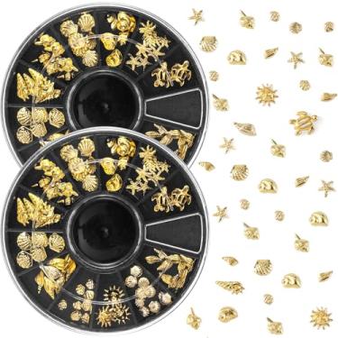 Imagem de Winsyison Amuletos de arte de unhas oceânicas de 2 discos, adesivos de unhas de metal 3D, decalques de conchas de estrela do mar de praia, enfeites de manicure DIY para mulheres - Ouro