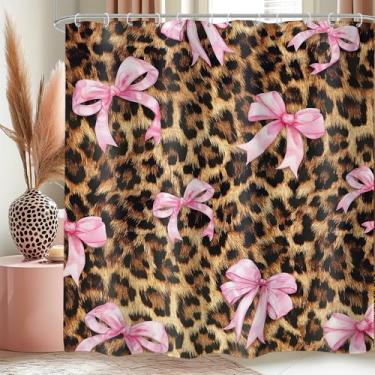 Imagem de LIGHTINHOME Cortina de chuveiro com estampa de leopardo com laço rosa 182 cm L x 192 cm A moderna estampa de pele de safári selvagem marrom preppy fashion feminina tecido de tecido de poliéster à