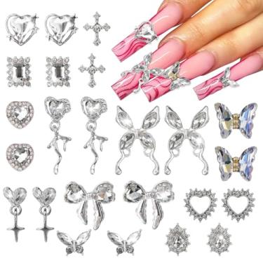 Imagem de editTime 24 peças de liga metálica prata 3D luxo unhas strass kit punk Y2K estrela lua coração amor borboleta cruz coroa romboide balão romboide pingente de unha plana decoração de unhas (branco - 24