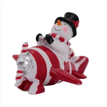 Imagem de Boneco De Neve Avião Em Resina Vermelho Branco Enfeite Natal - Magizi