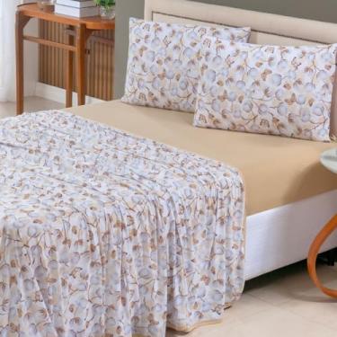 Imagem de Jogo de Cama 4 Peças 100% Algodão Lençol com Elástico e Lençol de Cima + Fronhas com Zíper – Anti Pilling – Acabamento em Viés - Solteiro, Casal, Queen e King. (Branco Florido, Casal)