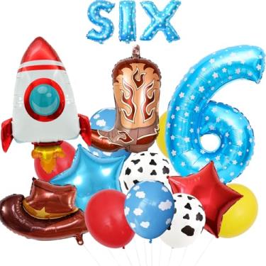 Imagem de 17pcs Cartoon Toy Themed Party Decorations, Number 6th Boys And Girls Birthday Party Supplies, Cowboy Hat Boots Rocket Mylar Foil Balloon, Red Blue Yellow Balloons With Cow Print (6th)