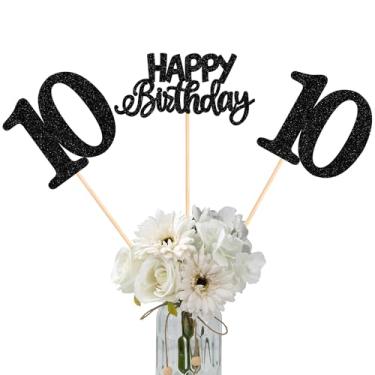 Imagem de 12 Pack Happy Birthday 10th Centerpiece Sticks Glitter Ten Cheers to 10 Years Old Table Centerpiece Sticks for 10 Fabulous Happy Birthday Theme Party Supplies Black