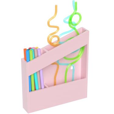 Imagem de Rulyyo Suporte de canudo de acrílico para armário - dispensador organizador de canudo reutilizável rosa de 14 cm com fitas adesivas ultra aderentes, acessórios de cozinha inclinados montados na porta