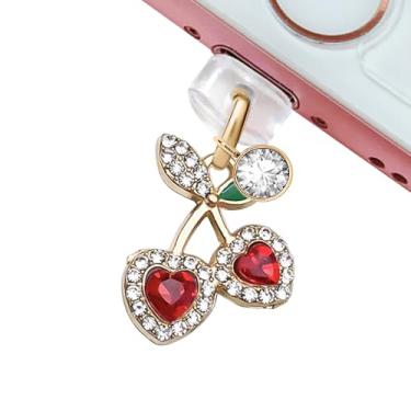 Imagem de ELISE & FONDA CP665 Porta de carregamento USB plugue antipoeira pequeno cristal cereja pingente de telefone para iPhone 14/13/12/11/XS MAX/XR/X/8 Plus/7/6S/8/SE iPad iPod (vermelho)