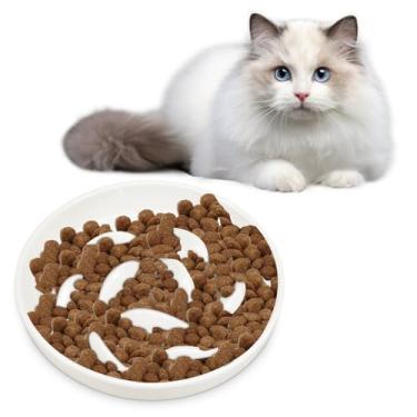 Imagem de DJAPWPX Tigela de alimentação lenta para gatos, borda elevada, tigela de comida lenta para animais de estimação, design em forma de peixe, prato de cerâmica alimentador lento antivômito para cães