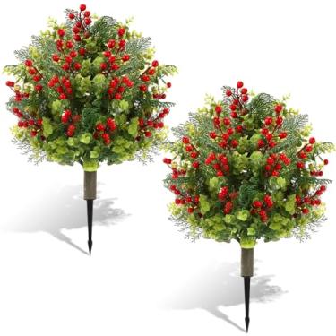 Imagem de Yunlly Conjunto de 2 conjuntos de 61 cm de bolinha de topiária de cedro artificial de Natal com espiga no chão, arbustos falsos, topiária, arbustos falsos, planta para inverno, ambientes internos e