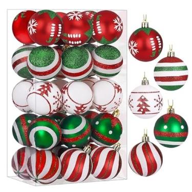 Imagem de SHareconn Enfeite de bolas coloridas de árvore de Natal de 30 quilates, 6 cm, enfeites decorativos de plástico inquebráveis para decoração de férias de árvore (vermelho e verde branco, 60 mm)