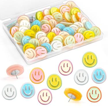 Imagem de GOOLADA 50 pinos decorativos sorridentes, tachinhas fofas de 6 cores, pinos para quadro de avisos, quadros de cortiça, organização de escritório ou decoração de casa
