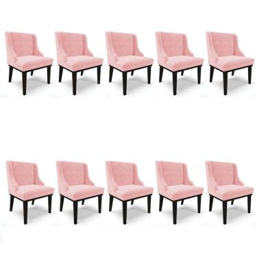 Imagem de Kit 10 Cadeiras Estofadas para Sala de Jantar Base Fixa de Madeira Preto Lia Suede Rosa bebê - Ibiza