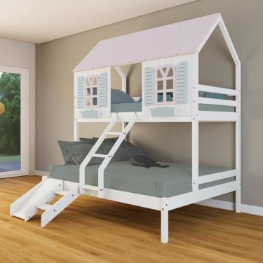 Imagem de Beliche Casal/ Solteiro Casinha Bela com Kit Escada/Escorregador - Madeira Maciça Branco/Rosa/Verde | Housin