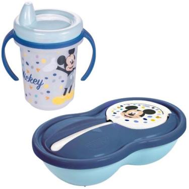 Imagem de Kit infantil caneca com bico e pote papinha 2 divisórias Mickey Plasut