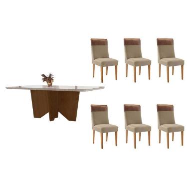 Imagem de Conjunto Sala de Jantar Nevada c/ Tampo Madeirado c/ Vidro Canto Curvo 180x90cm e 6 Cadeiras Jaspe Madeira Maciça Naturale/Off White - Capuccino/Linho