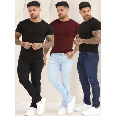 Imagem de Kit 3 Calças Masculina Jeans Skinny Lisa Básica Com Elastano A - 110/1