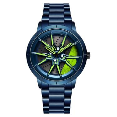 Imagem de Relógio de pulso masculino criativo 3D giratório com roda de carro, design de cubo de aro, moderno, quartzo, elegante, com pulseira de aço inoxidável, presentes para entusiastas de carros, T azul e