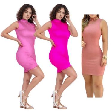 Imagem de KIT C/3 Vestidos Canelado Gola Alta - Emporio J, Rosa bb, Pink, Rose, 