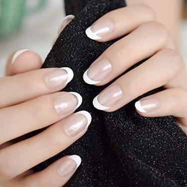 Imagem de Tab Press-Ons Nails Short, Lasting Weeks Daily Fake Nail Amêndoa, fácil de aplicar em minutos unhas projetadas, incluindo abas adesivas conjunto de unhas Smily French 24 peças