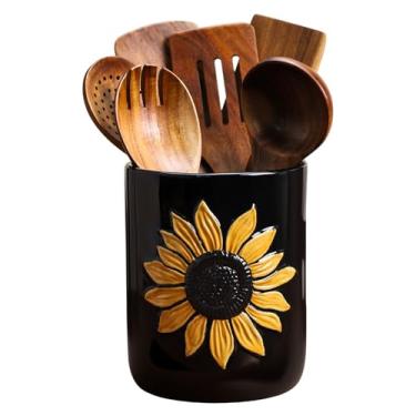 Imagem de Bicuzat Suporte de utensílios de cozinha de cerâmica preta, potes grandes de utensílios de cozinha de girassol para bancada de cozinha, organizador de utensílios de cerâmica para espátula