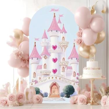 Imagem de Capa de fundo de arco de casamento de 2 m lindo castelo rosa linda princesa varanda em forma de coração elastano capa de fundo redonda para decoração de festa de aniversário, cerimônia, banquete