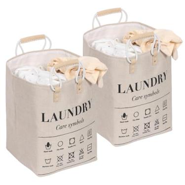 Imagem de 2 cestos de roupa suja dobrável, pequeno cesto de roupa suja dobrável com alças estendidas, organizador de cesto de roupa suja de linho de 32 x 32 x 45 cm para quarto, armário, banheiro e dormitório