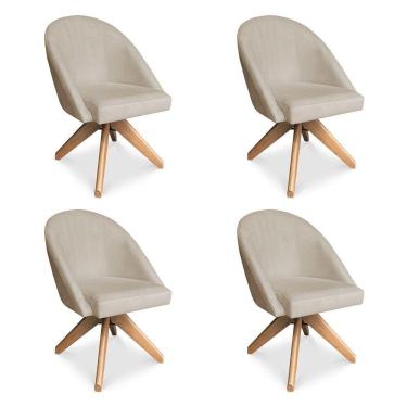 Imagem de Kit 04 Poltronas Cadeira Giratória Bela Suede Bege Base De Madeira - Pallazio