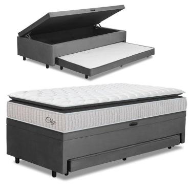 Imagem de Cama Bibox Baú Com Colchão City Solteiro E Cama Auxiliar Conjugada 88x188x69cm Bela Cinza/branco