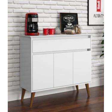 Imagem de Aparador Buffet Retrô Branco Pés de Madeira com 3 Portas e Gaveta Zeus