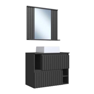 Imagem de Gabinete de Banheiro Suspenso 75cm com Cuba e Espelheira Grafite Ripado Luiza Cj1000 - Faema Móveis