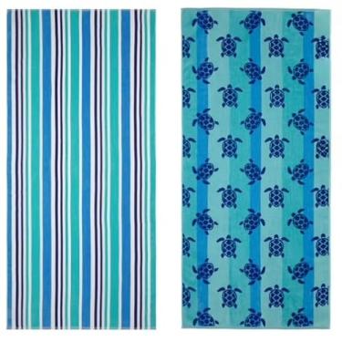 Imagem de Toalhas de praia de algodão listrado, absorvente macio de secagem rápida, para praia e piscinas, pacote com 2 (azul-petróleo)