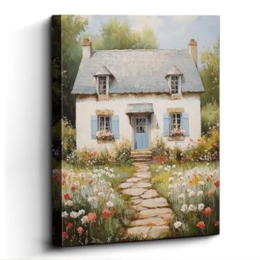 Imagem de WOXZQ Arte de parede de casa de campo francês, caminho de pedra de porta azul, decoração de parede cottagecore, impressão em tela sem moldura de papel laminado, arte de pôster de casa de campo, para