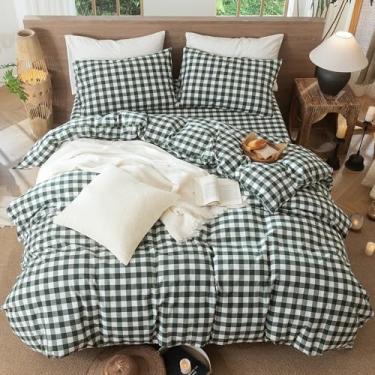 Imagem de MooMee Conjunto de capa de edredom guingão 100% algodão lavado, linho, texturizado, respirável, durável, macio, confortável, moderno design xadrez (verde floresta xadrez búfalo, solteiro, 172,7 x