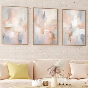 Imagem de Arte de parede abstrata rosa branco rosa e cinza quadro em tela blush rosa pintura abstrata quadro branco rosa cinza pinturas abstratas modernas decoração em tela sala de estar 40 x 61 cm x 3 peças