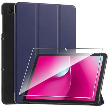 Imagem de Fhyeugfy Capa para T-Mobile REVVL Tab 2 5G, capa protetora com [1 unidade] protetor de tela de vidro temperado, [couro PU] [proteção ultrafina] [função de suporte] [antiarranhões] - azul