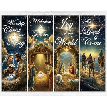 Imagem de 4 peças de faixas de igreja de Natal para parede de santuário natividade religiosa bem-vindo pano de fundo cristão Jesus bíblico versículo banner inspirador adoração pendurar placas para decoração de