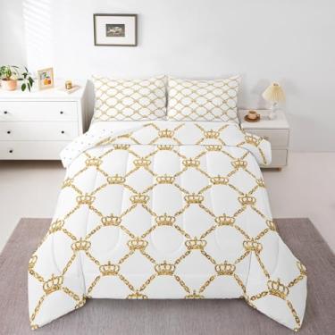 Imagem de Feelyou Conjunto de cama queen com coroa de dia dos namorados, ouro branco, para casais, adultos, estilo princesa, conjunto de edredom moderno, bonito, 3 peças