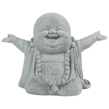 Imagem de Estátua de arenito de Buda, estátua de monge zen rezando para escritório em casa, decoração Zen Feng Shui, escultura budista portátil para riqueza, boa sorte, decoração de carro de jardim ao ar livre