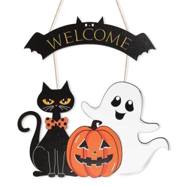 Imagem de kbukyu Guirlandas de Halloween para porta da frente, placa de boas-vindas de madeira com gato preto, fantasma e abóbora, placa de feliz dia das bruxas pendurada para decoração de parede de casa, festa