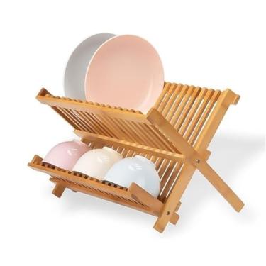 Imagem de Escorredor de Pratos Dobrável em Bambu, Organizador de Cozinha com 2 Níveis, Suporte para Louça em Madeira Natural