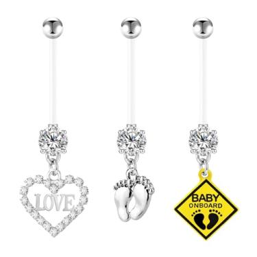 Imagem de CHARMONLINE 3 anéis de umbigo flexíveis de acrílico transparente 14G para gestantes flexíveis para gestantes 38 mm barra longa transparente anel de umbigo bonito hipoalergênico curativo esportivo para