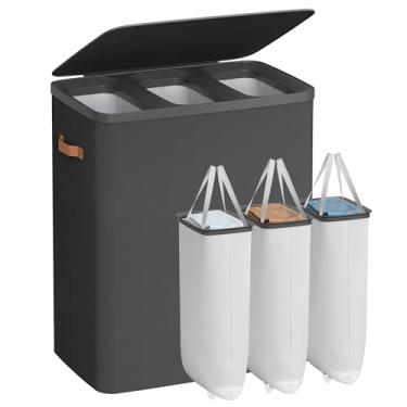 Imagem de SONGMICS Cesto de lavanderia, 127 litros. Cesto de lavanderia, 3 compartimentos, fácil montagem, com tampa e alças, forros removíveis, 64 x 40 x 74 cm, tinta preta ULCB814BH01