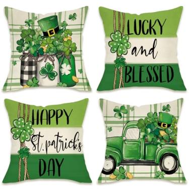 Imagem de Fahrendom Happy St Patricks Day Capas de almofada decorativas 45,7 x 45,7 cm Conjunto de 4, Lucky and Blessed Shamrock Clover Truck Mason Jar Fronhas, Farmhouse Irish Spring Sofa Capa de almofada